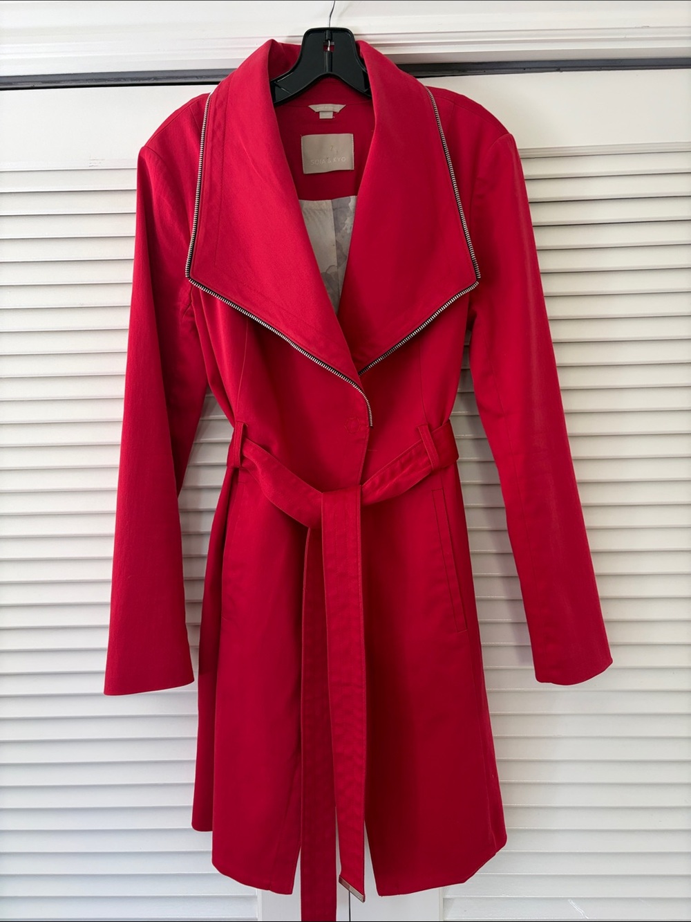Soia & Kyo Red Belted Trench Coat with Zipper Trim